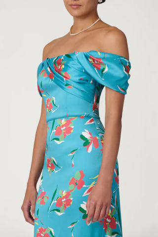 Shoshanna Calder dress in sea blue multi with off the shoulder neckline and floral print