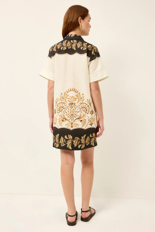 Marie Oliver Dede Dress in Fleuron with polo collar, tailored silhouette, and Mediterranean tile-inspired placement print in cream, tan, and black