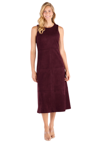 Jude Connally Blake Faux Suede Dress in Merlot featuring a sleeveless fit-and-flare midi silhouette with contrast stitching.