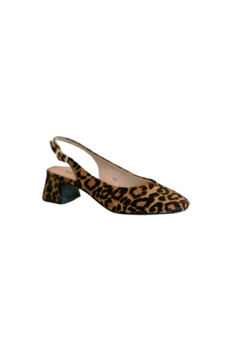 Vaneli Darsy Heel in Brown and Black leopard print with a pointed toe, slingback strap, and low block heel.