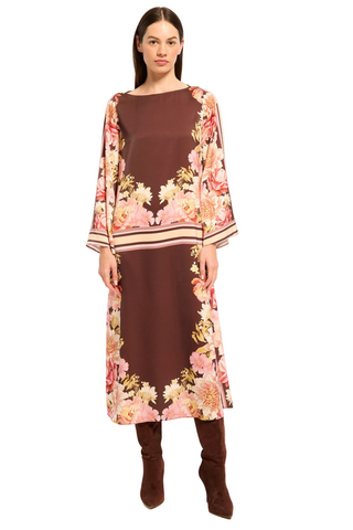 Misa Casey Dress in In Full Bloom, a chocolate brown floral satin midi dress with long flared sleeves, contrast trim, and a removable tie belt.