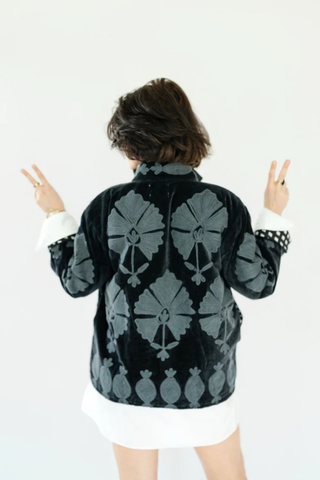 Eleanor James Brand Sgt. Pepper Crew Jacket in Black Betty featuring black velvet with tonal charcoal Suzani embroidery.