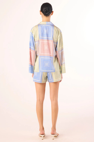 Misa Isme Top in pastel tile print with long sleeves and button front detail