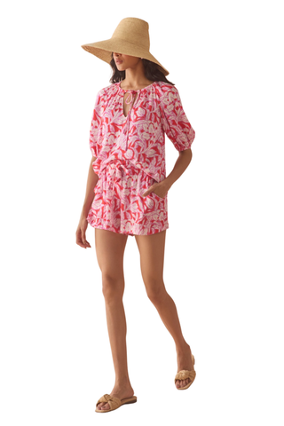 Omika Isla blouse in pink and red Johanna Persimmon floral print with tie neckline and puff sleeves