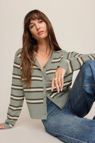 Aqua and cream striped button-front cardigan with long sleeves.
