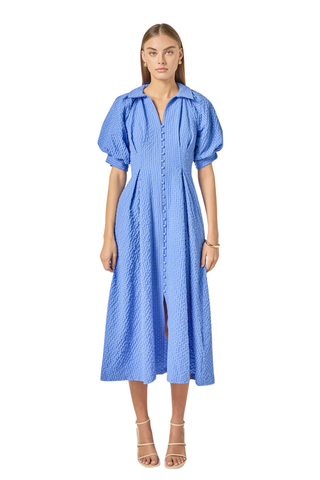 English Factory Shirt Midi Dress in Blue featuring a collared V-neckline, front buttons, short puff sleeves, and full midi-length skirt.