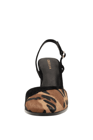 Cecelia New York Sophia Heel in Black and Leopard with leopard pony hair toe, black suede trim, slingback strap, and sculptural heel.