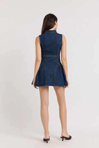 En Saison Paige Mini Belt Dress in Indigo featuring a sleeveless collared button-front silhouette, coordinating waist belt, and flared mini skirt.