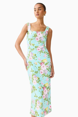 Elliatt Emmeline Midi Dress mint green floral fitted midi dress with square neckline