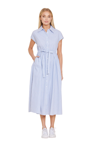 Poplin Belted Shirt Midi Dress, Blue Stripe