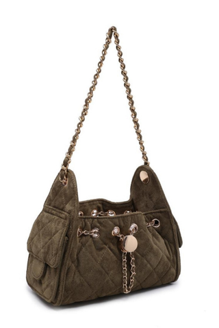 Urban Expressions Royalty Shoulder Bag in Olive featuring quilted faux suede, gold-tone hardware, woven shoulder strap, and drawstring closure.