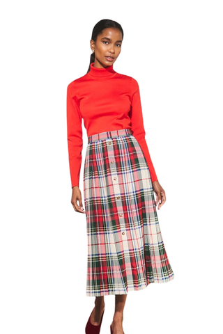 Hunter Bell Harlan Skirt in Kensington Plaid Crimson featuring a pleated midi silhouette, multicolor plaid pattern, and gold front buttons.