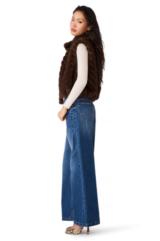 Steve Madden Luxie Vest in Dark Espresso featuring a rich brown faux-fur texture, sleeveless silhouette, and open front.