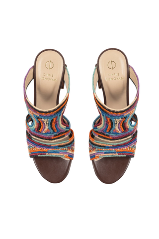 Chris Donovan Glade raffia sandal in multi with colorful woven upper and sculptural dark wood heel