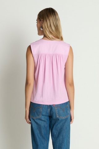 Model wearing the Nation LTD Selma V-Neck Tank in Lilac featuring a relaxed silhouette, flattering V-neckline, and lightweight slub Pima cotton knit.