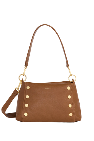 Hammitt Bryant Medium Handbag in mahogany brown pebbled leather with brushed gold rivets and crossbody strap.