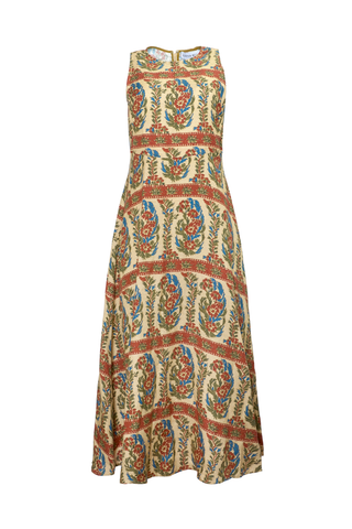 Sleeveless printed linen maxi dress with fitted bodice and full skirt.