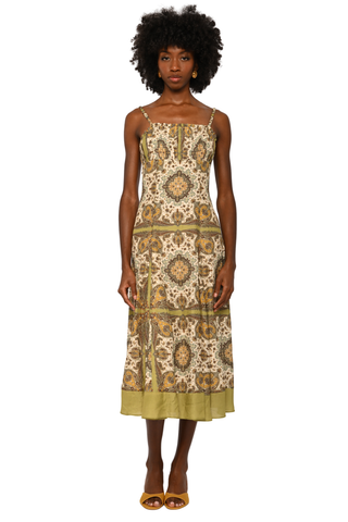 Love the Label Blaire Midi Dress in Kaleidoscope Scarf Print featuring an ornate neutral print, square neckline, and slender straps.