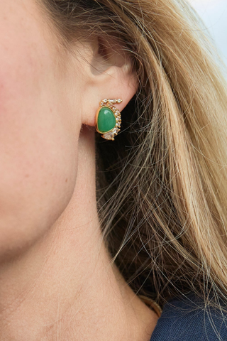 Mignonne Gavigan Doria Earrings in Green featuring vibrant green quartz gemstones framed by sparkling cubic zirconia and gold-plated accents.