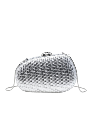 Urban Expressions King Evening Bag in Silver featuring a woven metallic oval silhouette, polished top clasp, and slender chain strap.