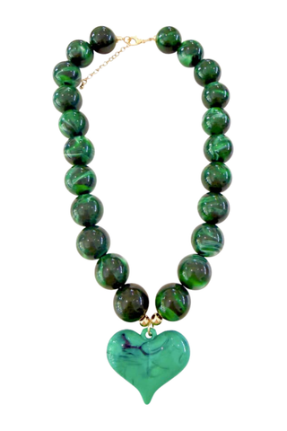 Gemelli Kaiden Beaded Necklace in Green with marbled green beads and coordinating heart pendant.