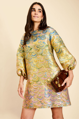 Mestiza Rosanna Mini Dress in Gilded Marble featuring a gold-toned jacquard pattern, A-line mini silhouette, and three-quarter balloon sleeves.