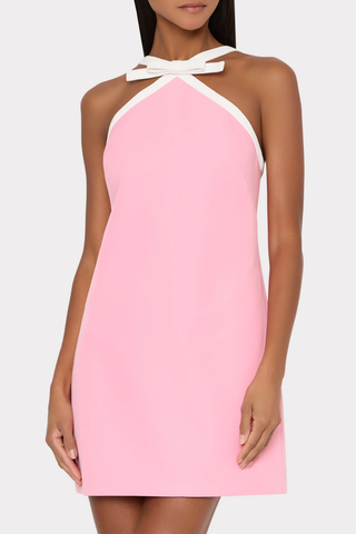 Milly baby pink halter mini dress with white trim and bow neckline detail