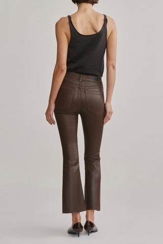 DL1961 Bridget Boot Crop Jean in Brownstone Coated featuring a high-rise cropped bootcut silhouette with a chocolate-brown leather-like finish.