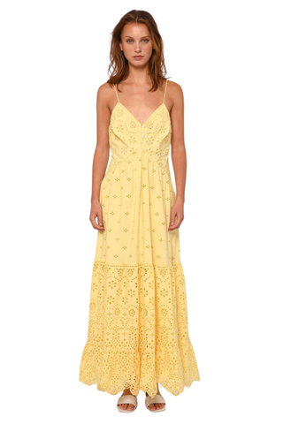 Love the Label Yvonne Dress Sunlight yellow maxi dress with embroidered eyelet, spaghetti straps, and tiered scalloped hem