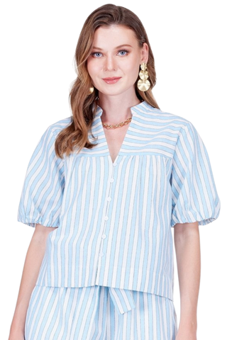 Blue and white striped blouse with puff sleeves, button front, and relaxed fit