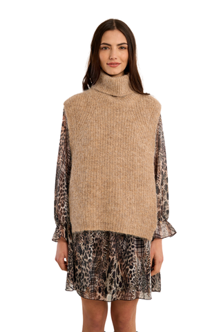 Molly Bracken Knitted Sleeveless Sweater in beige with a relaxed fit, round neckline, and textured knit finish.