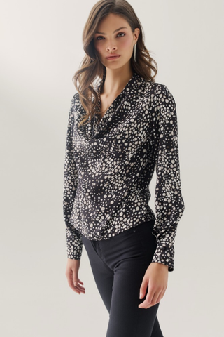 Hutch Atwell Top in Black/Ivory featuring an abstract printed fabric, collared V-neckline, long sleeves, and a relaxed silhouette.