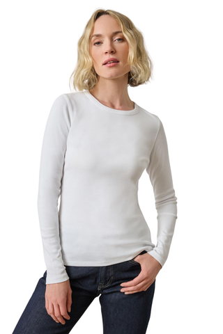 Lilla P Long Sleeve Crew in White featuring a fitted ribbed silhouette, long sleeves, and classic crew neckline.