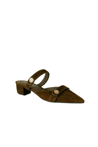Koko + Palenki Biza Low Heel in Brown Suede, a brown suede pointed toe slingback shoe with a low heel and buckle strap.
