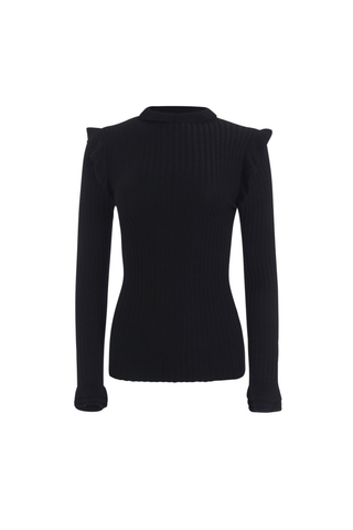 Marie Oliver Tinley Turtleneck in Black featuring fine ribbing, a fitted silhouette, fold-over ruffle neck, and ruffled cuffs.
