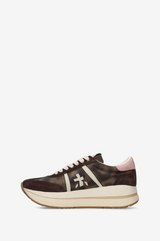 Premiata Beth Coin 8500 Sneaker in chocolate brown with blush accents, signature logo detailing, lace-up closure, and chunky platform sole.