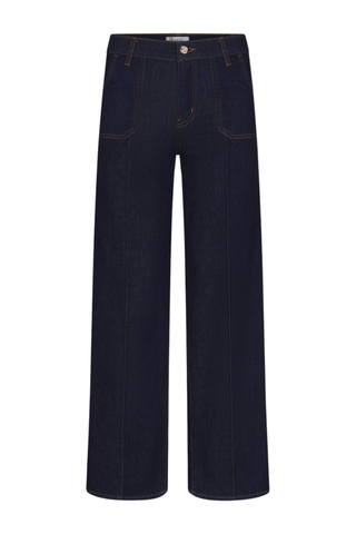 FRAME Le Slim Palazzo Pintuck Pocket jeans in dark Rinse wash with a high-rise waist, front patch pockets, pintuck seams, and wide-leg silhouette.