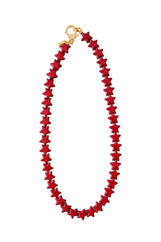 Smith & Co. Design Small Star Necklace in Red featuring vibrant red 15mm star-shaped beads and a lobster clasp closure.