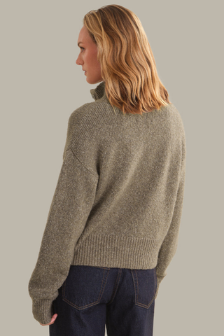 525 America Boxy Henley Sweater in Mushroom Melange with long sleeves, partial snap-front neckline, stand collar, and relaxed boxy fit.