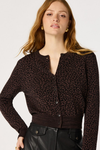 ASTR Nikki Cardigan in Espresso Leopard featuring a brown leopard print, round neckline, button front, and long sleeves.