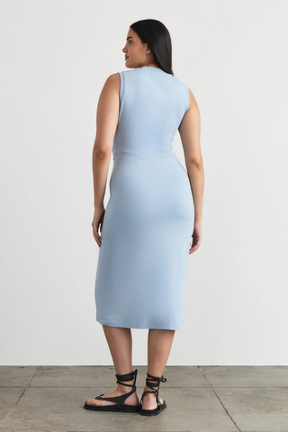 Sleeveless Cody Dress powder blue fitted midi dress with twist waist and front slit from Tanya Taylor