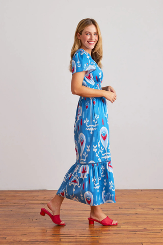 Sheridan French Eloise Dress in Americana Ikat featuring cobalt blue ikat print, ruched waist, flutter sleeves, midi silhouette, and side pockets