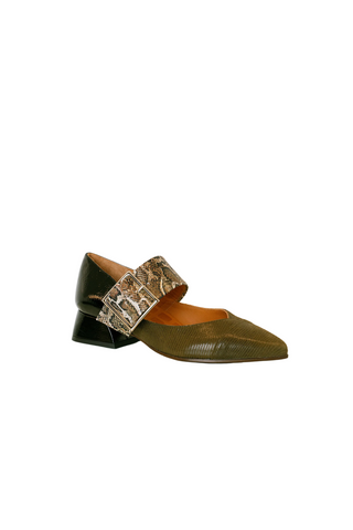 Pointed-toe low heel in olive leather with snakeskin accents.