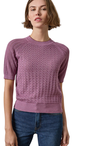 Lilla P Mixed Stitch Crewneck Sweater in Dewberry purple featuring textured mixed stitching, a crew neckline, and short sleeves.