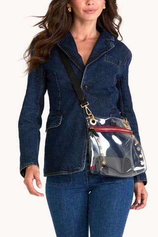 Hammitt Tony Med Clear Bag featuring a transparent rectangular body, black trim, adjustable strap, and polished hardware.
