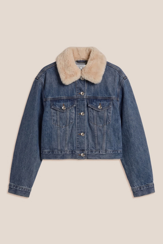 Z Supply Daily Denim Fur Jacket in Hush featuring vintage indigo denim, a cropped silhouette, and removable sherpa collar.