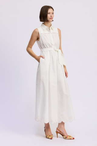 Brittany Maxi Shirt Dress white sleeveless button front maxi dress with tie waist from En Saison