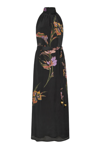 Penelope Dress in Nightshade featuring a black floral maxi silhouette, halter neckline, fluid A-line skirt, and optional sash belt.