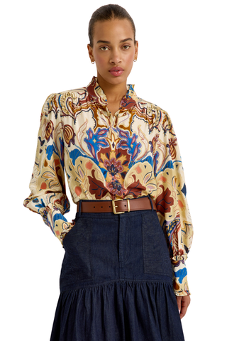Montana Blouse in Rodeo featuring a colorful Western-inspired print, button front, ruffled collar and cuffs, and voluminous long sleeves.