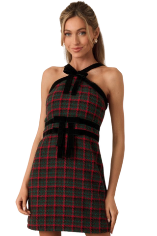 Faye Halter Dress, Check The Halls Print